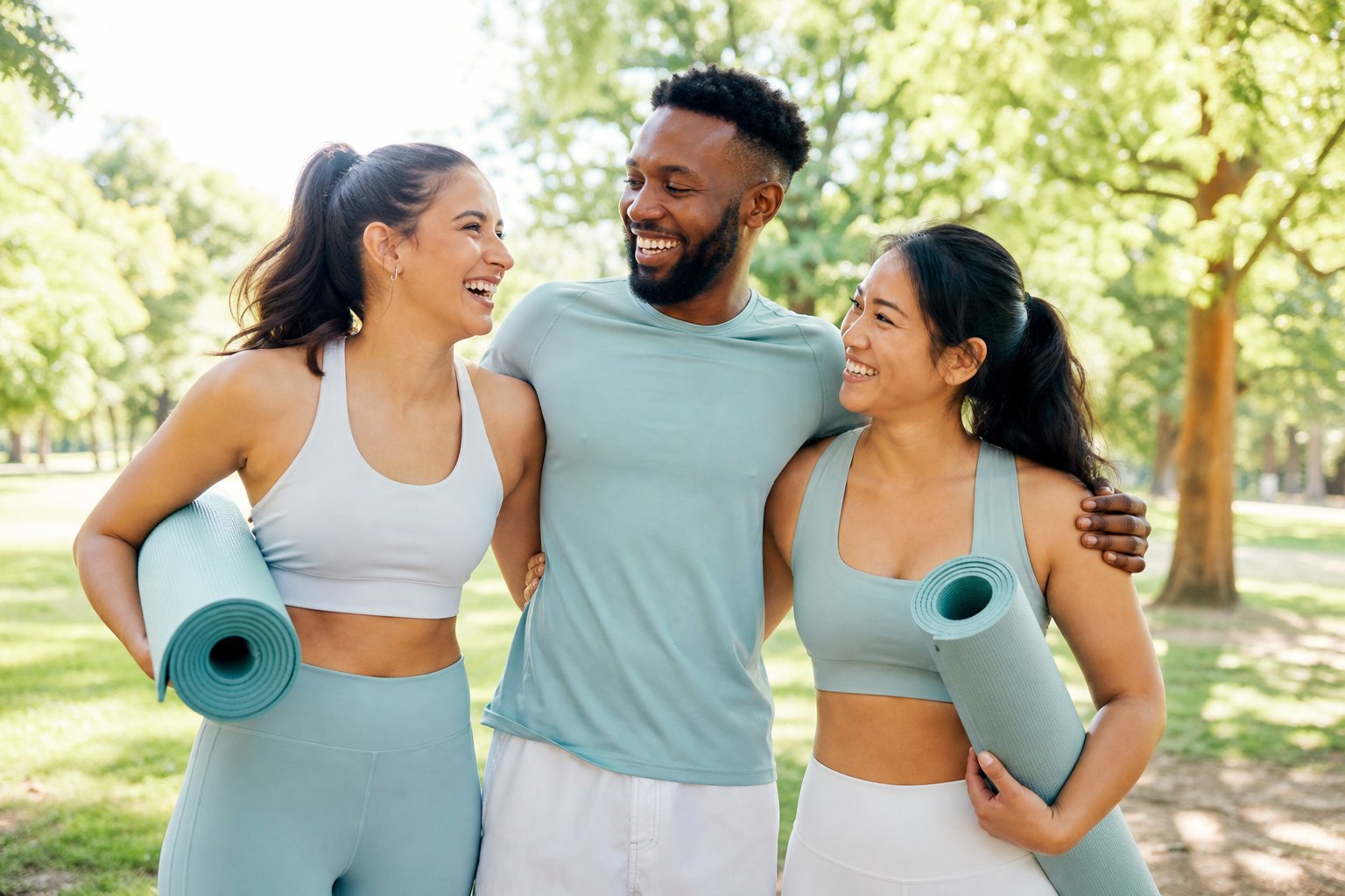 Smiling adults staying active together outdoors